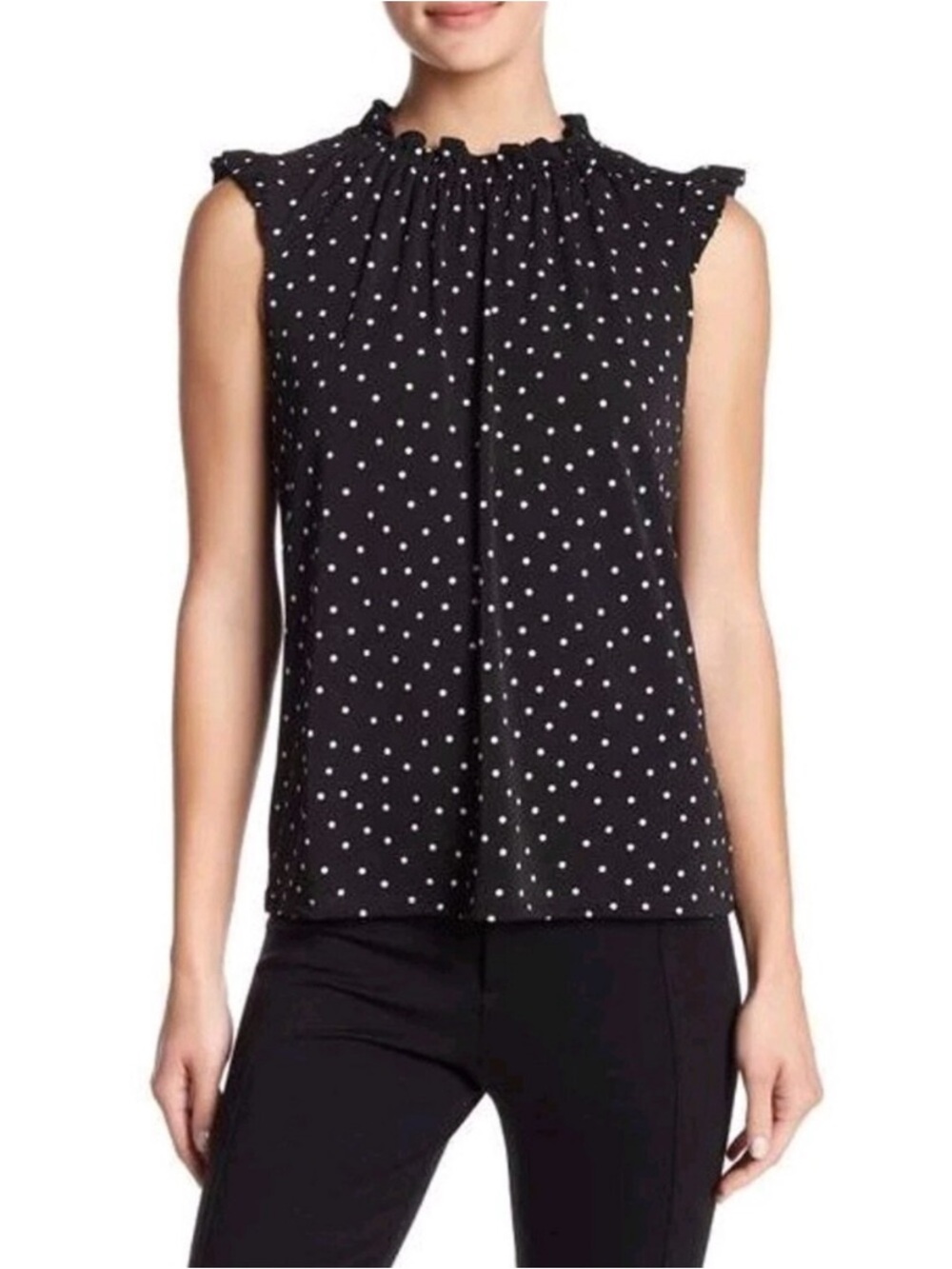 Adrianna Papell Polka Dot Mock Neck Ruffle Tank Top Blouse Small Black White